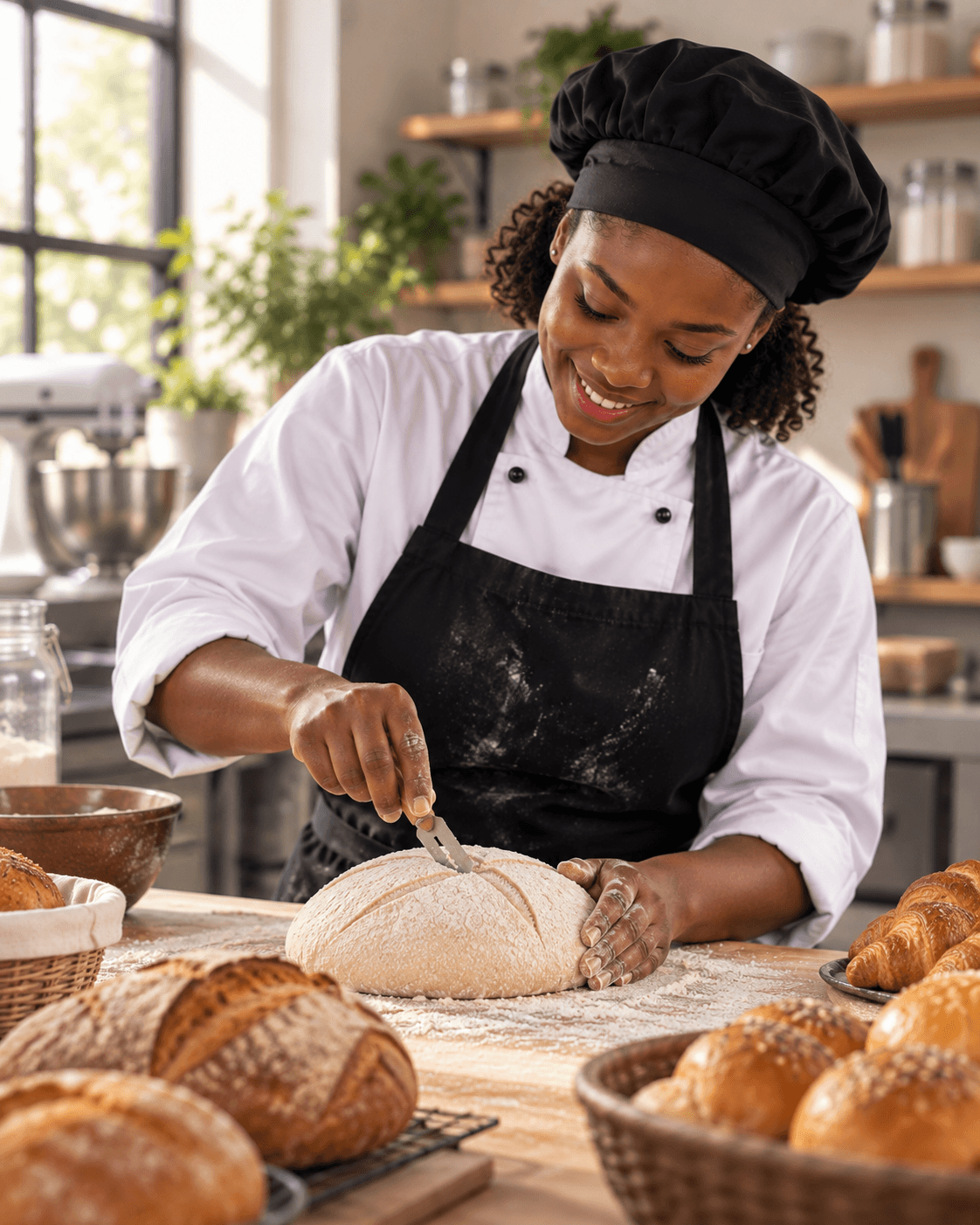 Baking student scoring bread dough beside an assortment of fresh breads