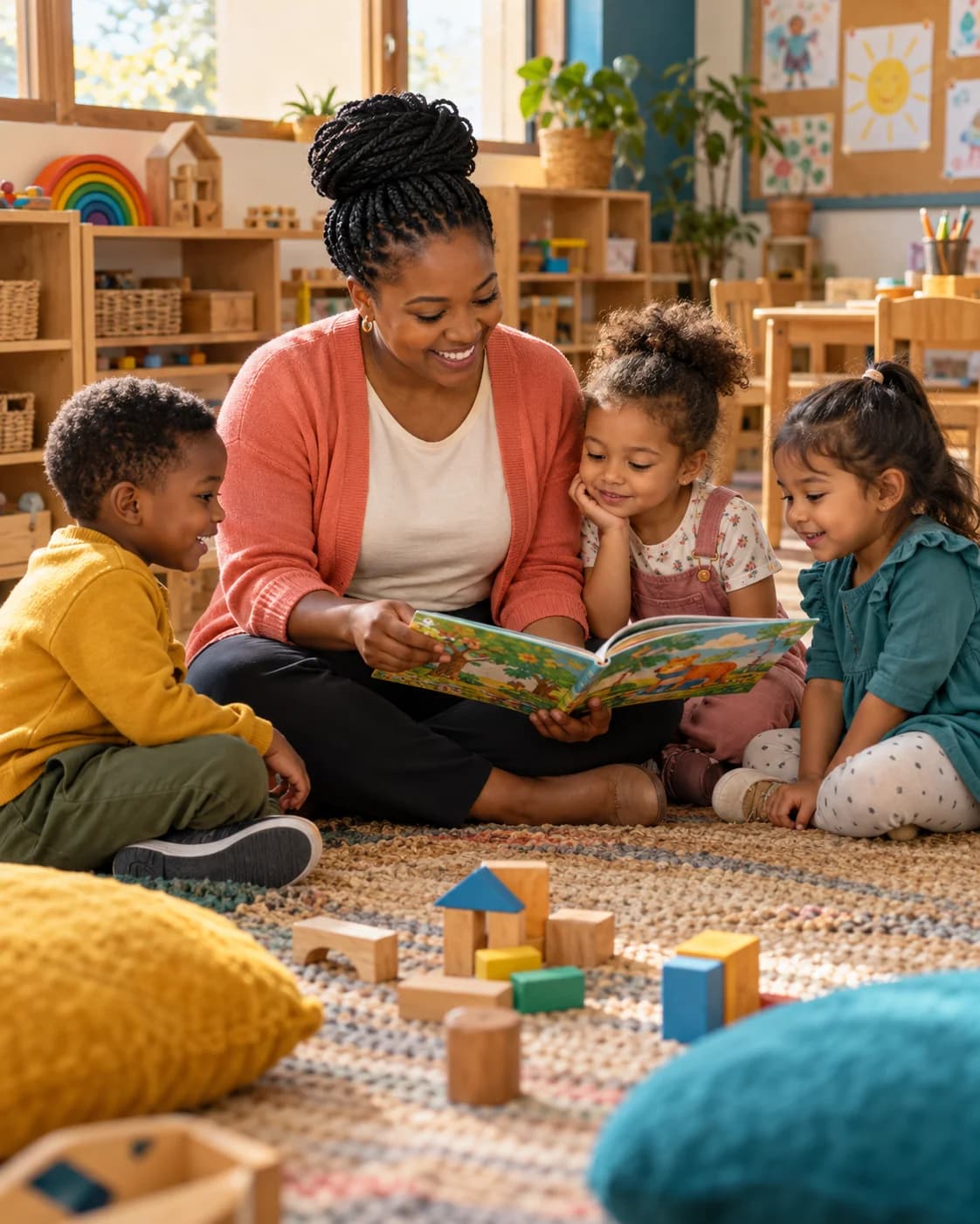 An educator sharing a picture book with three preschool children in a welcoming classroom; AI-generated illustration